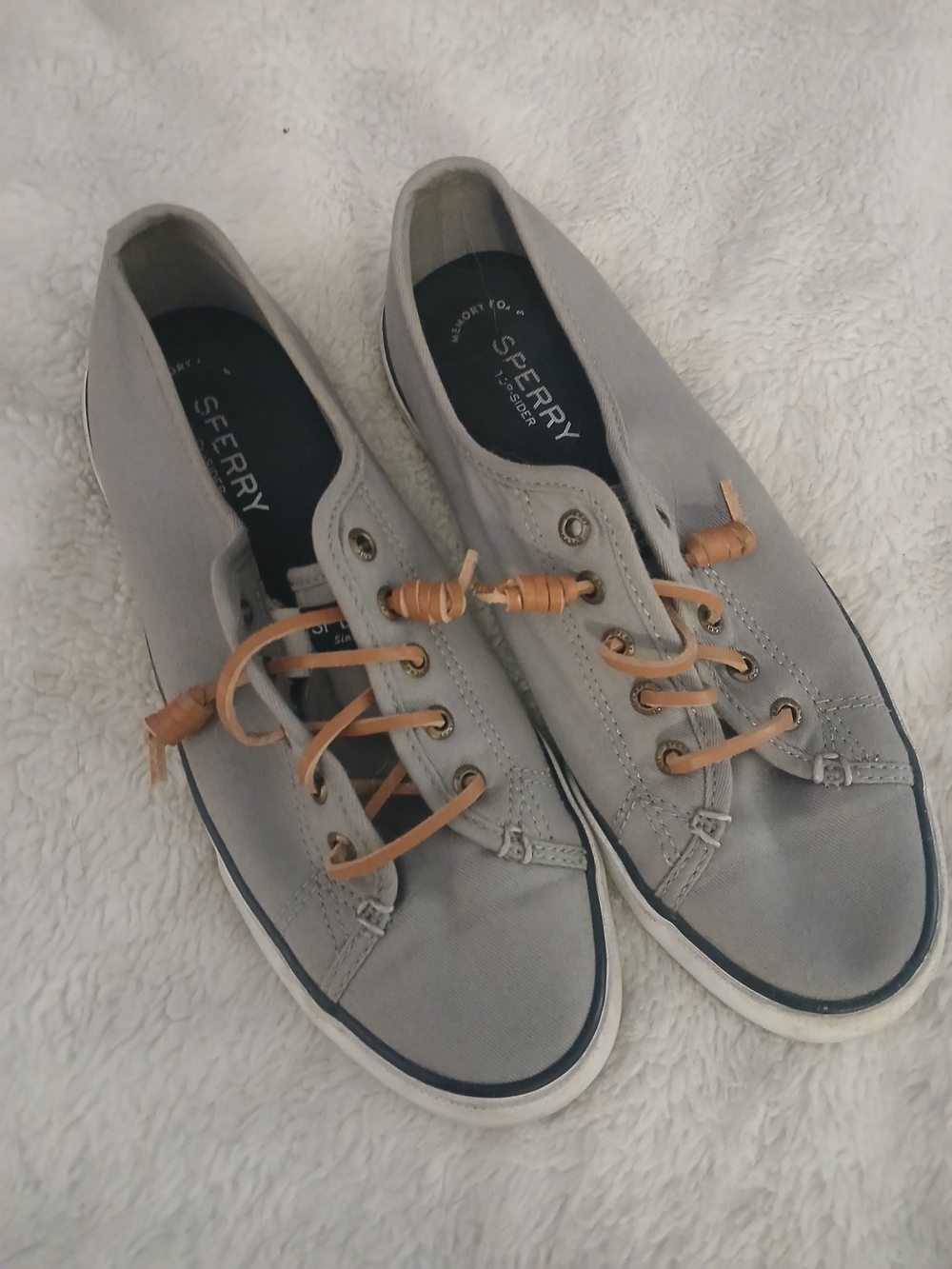 Sperry Light Gray Canvas Boat Shoes with Tan Laces